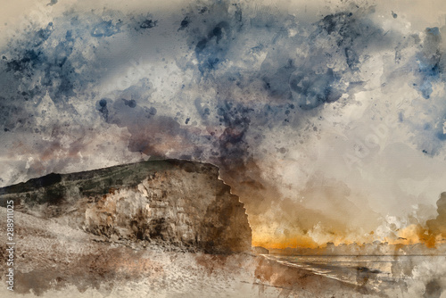 Digital watercolor painting of Beautiful vibrant long exposure sunrise landscape image of West Bay in Dorset England