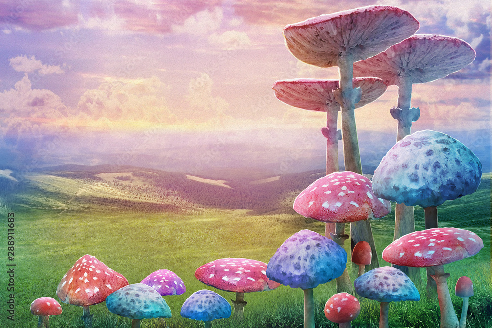 Fototapeta premium fantastyczny krajobraz krainy czarów z grzybami. ilustracja do bajki „Alicja w Krainie Czarów”