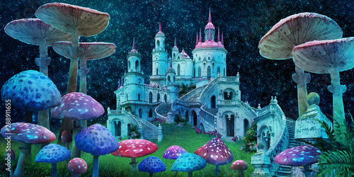 fantastic wonderland landscape with mushrooms, beautiful old castle and moon. illustration to the fairy tale "Alice in Wonderland"