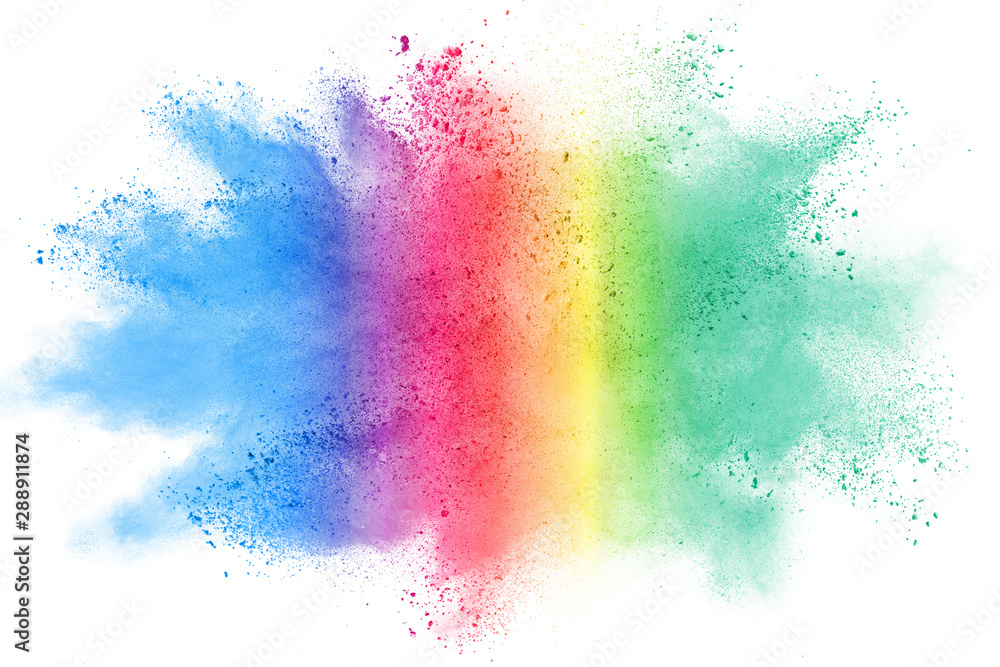 Freeze motion of colorful color powder exploding on white background.  Paint Holi.