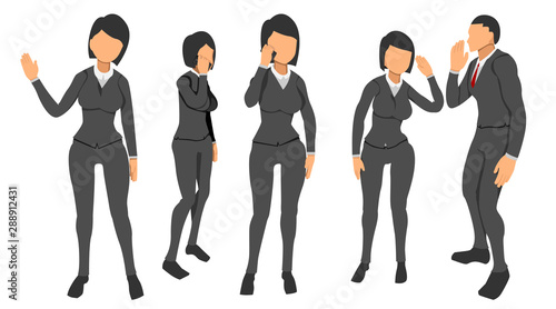 many female characters demonstrate the pose of communication and social relations. set of female characters holding cellphones, waving and listening.