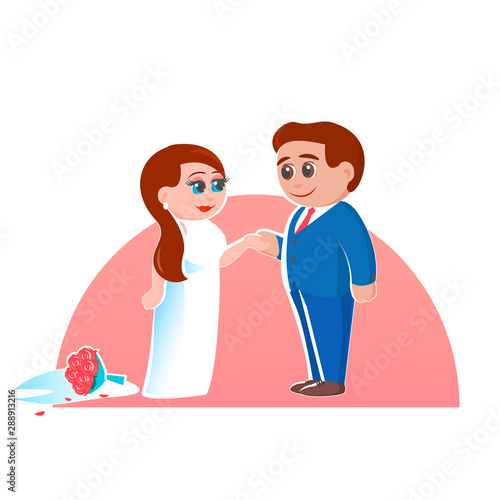Happy newlyweds after the wedding were left alone for the wedding night and love. Hold hands. A bouquet of roses on the floor. Vector romantic illustration.