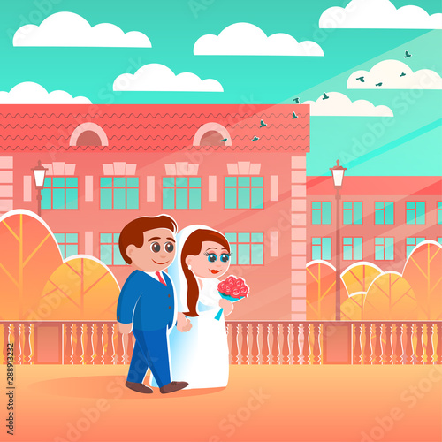 Beautiful and happy bride and groom on a wedding day walk in the sunny autumn city. Around the house and yellow trees. Vector square illustration.