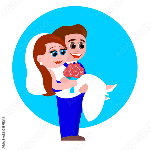 Happy newlywed couple in wedding clothes. The groom lifted the bride into his arms. Girl holds a bouquet of red roses. Vector illustration in cartoon style on a round blue background.