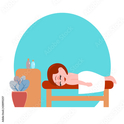 A beautiful girl lies on a couch in a massage parlor. She is covered with a towel. Near flowers and a table with aromatic oils. Vector cartoon illustration.