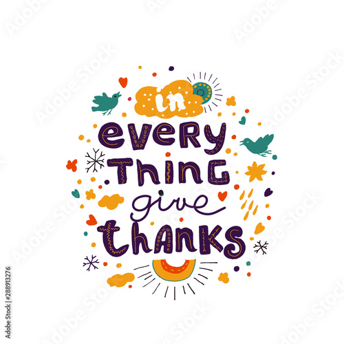 Thanksgiving Christian hand lettering with sun, cloud, birds.