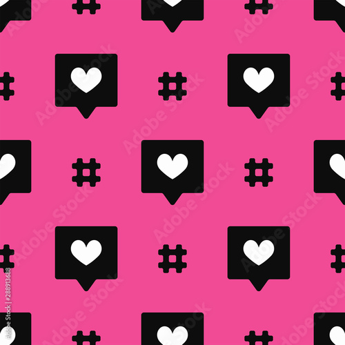 Seamless pattern with hashtags and like buttons. Stylish repeated print. Vector illustration.