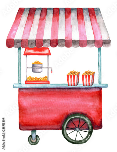 Watercolor popcorn cart, trolley, truck. Illustration isolated on white background