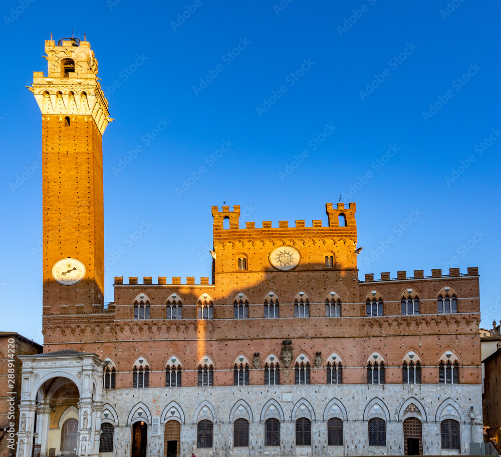 clock tower at piazza del campo  in Siena,Tuscany, Italy