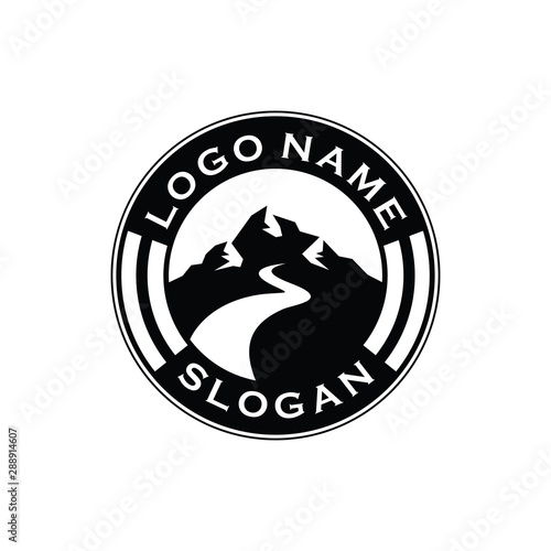 Circle Mountain logo vector with way in the middle for outdoor adventure travel vintage hipster