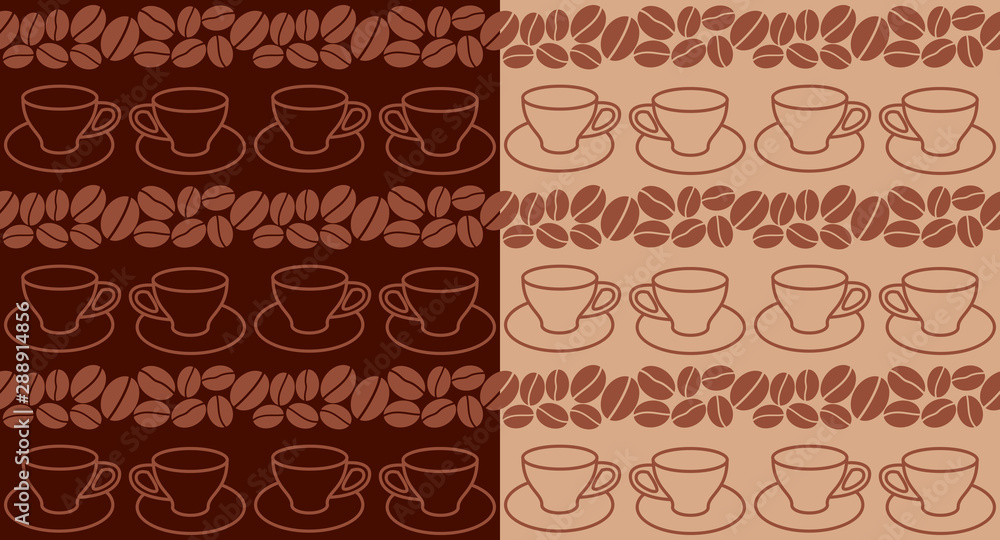 dark and light vector seamless backgrounds with coffee beans and cups - set
