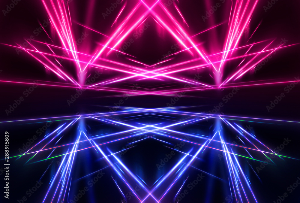 Fototapeta premium Psychedelic Abstract Futuristic Neon Fluorescent Sci Fi Bright Purple Blue Glow Laser Showcase Stage Dark Room Retro Modern Virtual Background Spaceship Corridor Shape Tunnel