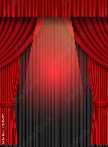 Background with red and black curtain. Design for presentation, concert, show