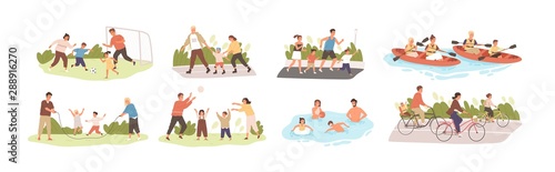 Family activities flat vector illustrations set. Happy childhood, active recreation. Happy parents and children cartoon characters pack. Outdoor games, football, roller skating, jogging and cycling.