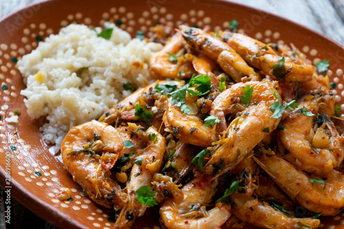 Garlic shrimp also called "al ajillo" with rice