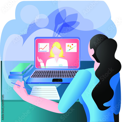 Here is a picture of a woman who is being trained online on medical topics. This picture can be used for the concepts of any training webinars, including professional. Used isometric 3D technique.