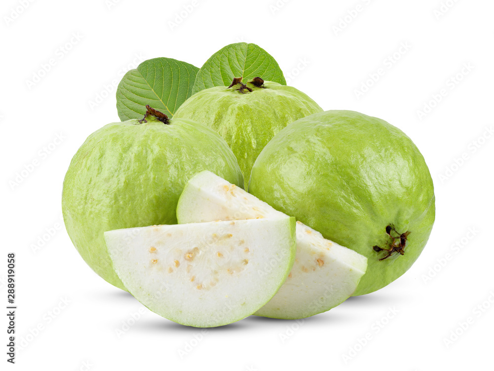 Guava fruit with leaf  isolated on white background .