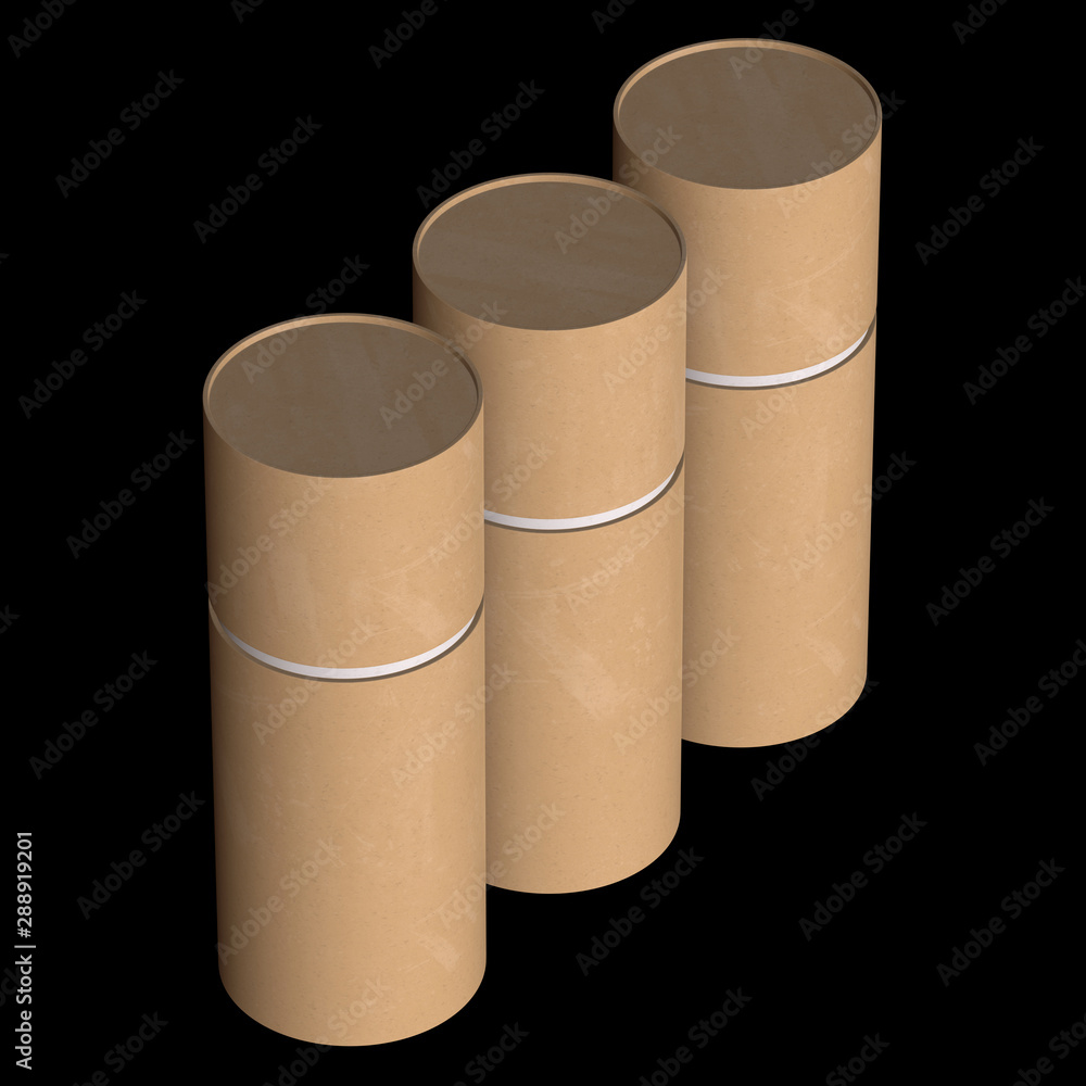 Kraft paper cardboard tube package mock up. 3d render on black background. Kraft paper cardboard tube package mock up. 3d render on black background.