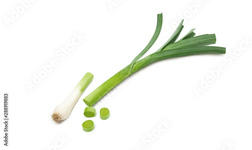 Fresh green leek sliced isolated on white background