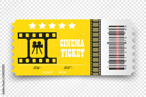 Vector cinema tickets isolated on transparent background. Realistic cinema entrance ticket.