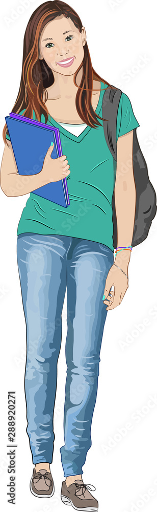 A vector illustration of a pretty teenage girl wearing jeans, holding schoolbooks, with a backpack. 