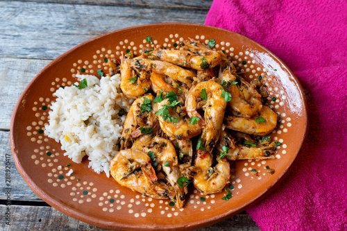 Garlic shrimp also called "al ajillo" with rice