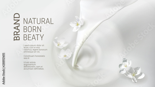 Cosmetic realistic vector white poster with cream or pouring milk, falling jasmine flower. Skin care natural or organic cosmetics concept, wavy liquid surface with pouring stream. Mock-up promo banner