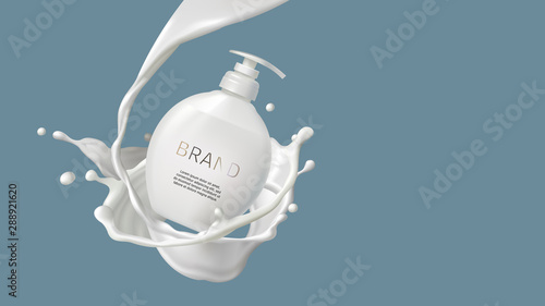 Cosmetic realistic vector illustration, isolated cream or milk swirl, splash and white pump bottle. Skin care cosmetics, body lotion, washing gel or liquid soap in round bottle with dispenser