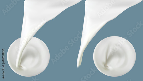 Milk pouring realistic vector illustration. Natural dairy products, yogurt or cream flowing stream top view, for packaging design isolated on blue background