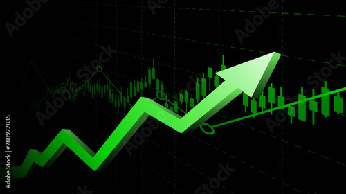 Abstract financial graph with uptrend line and arrows in stock market on green color background