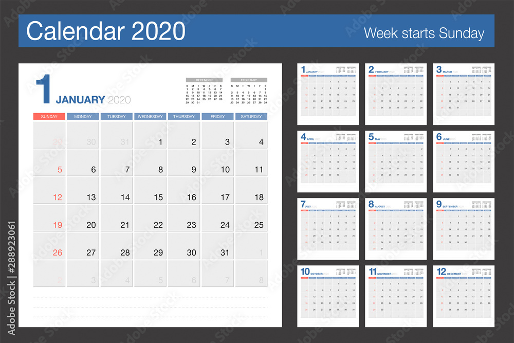 Calendar 2020 minimal design template. Desk Calendar modern design with light blue and grey color. Calendar 2020 minimal design template. Desk Calendar modern design with light blue and grey color.