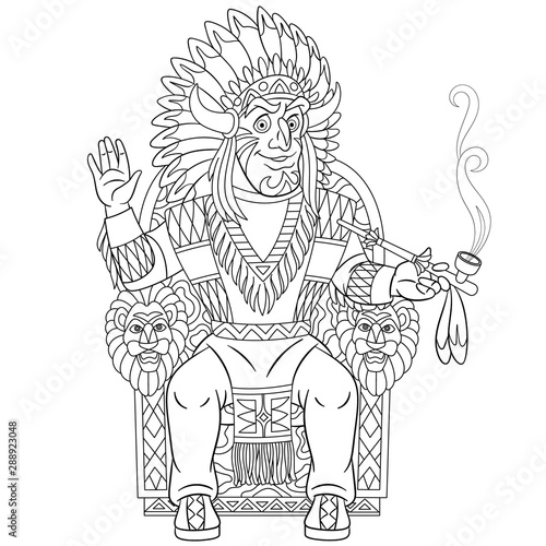 coloring page with native american indian chief © Sybirko