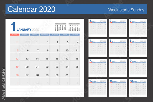 Calendar 2020 minimal design template. Desk Calendar modern design with light blue and grey color.