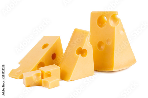 pieces of tasty yellow cheese isolated on white background