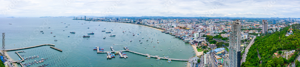 Aerial panorama view of Pattaya harbor in Chonburi, Thailand. Aerial view from drone