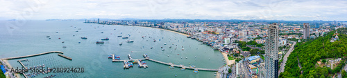 Aerial panorama view of Pattaya harbor in Chonburi, Thailand. Aerial view from drone