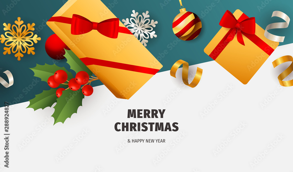 Merry Christmas banner with gifts on white and blue ground. Lettering can be used for invitations, post cards, announcements