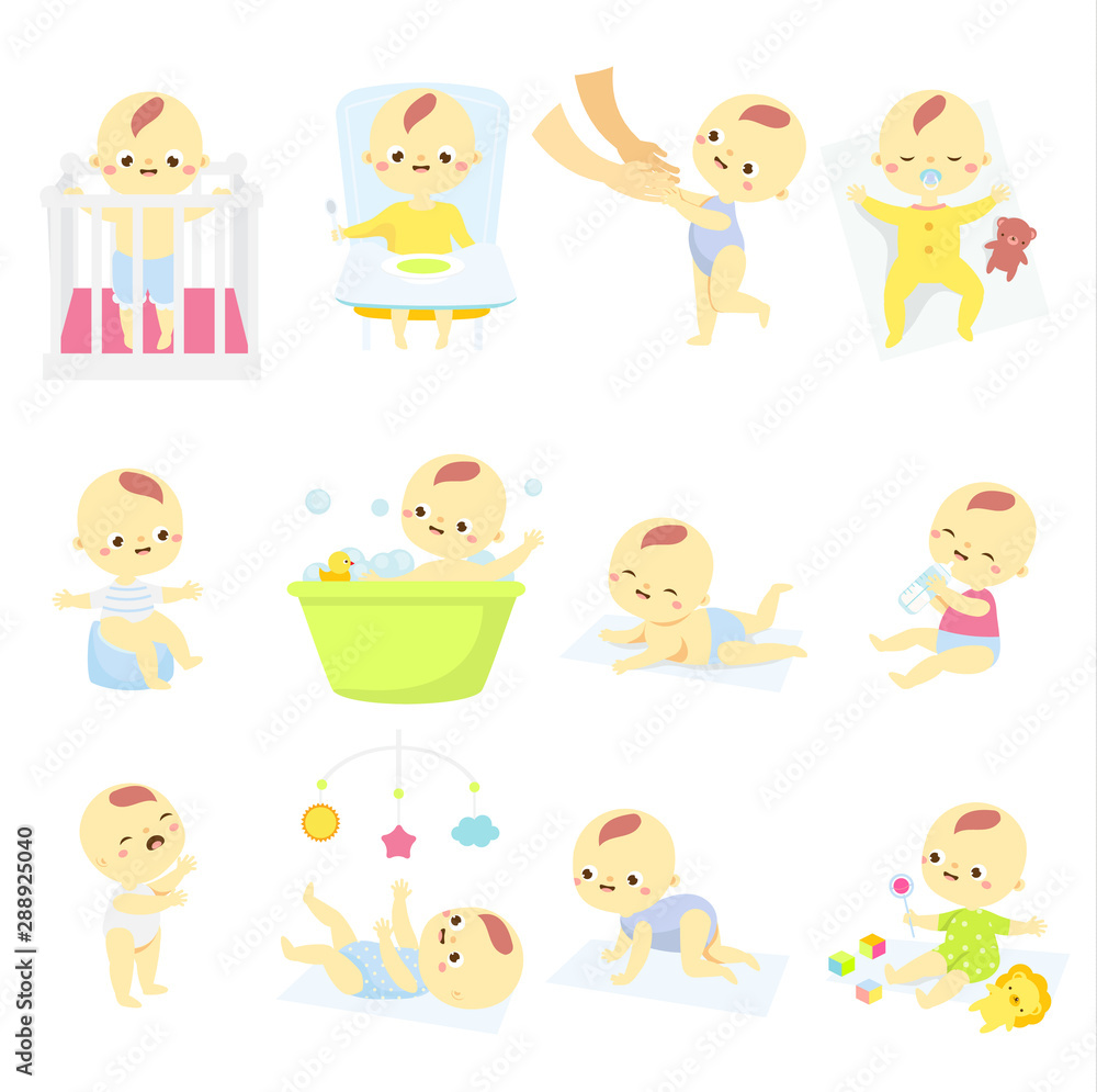 baby set. Cartoon toddler in different positions. Newborn child develop. Kid cry, bathing, play, eat baby set. Cartoon toddler in different positions. Newborn child develop. Kid cry, bathing, play, eat