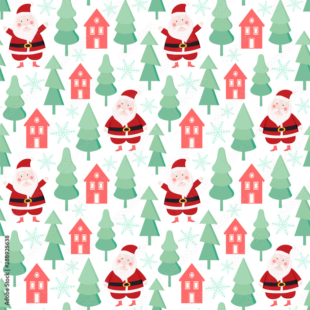 Seamless vector pattern with cartoon illustration Santa Claus and Christmas tree.