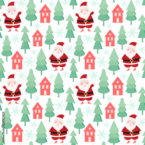 Seamless vector pattern with cartoon illustration Santa Claus and Christmas tree.