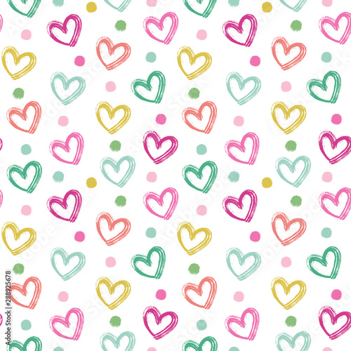 Seamless vector pattern with brush strokes hearts and dots.