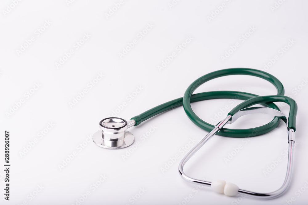 Green medical headphone Isolated white background, pulse check device, heartbeat, heart disease test