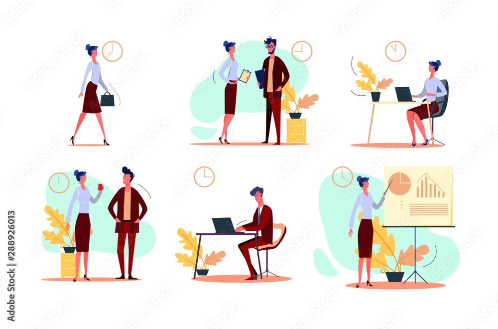 Business day set. Businesswoman walking to office, using laptop, talking to colleague, holding presentation. People concept. Vector illustration for topics like schedule, occupation