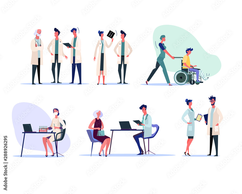 Medical professionals set. Doctors studying x-ray, talking to patient, working in lab. People concept. Vector illustration for topics like hospital, medicine, first aid