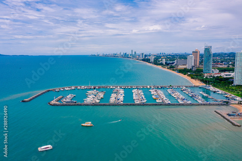Aerial view of Harbor ocean marina yachts club in Pattaya city of Thailand