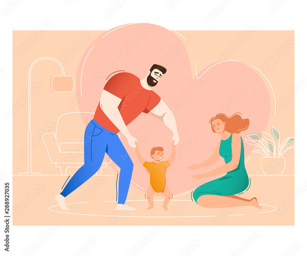 Mother and father teaching son to walk. Parents helping toddler to make his first steps. Family concept. Vector illustration for topics like love, childhood, development