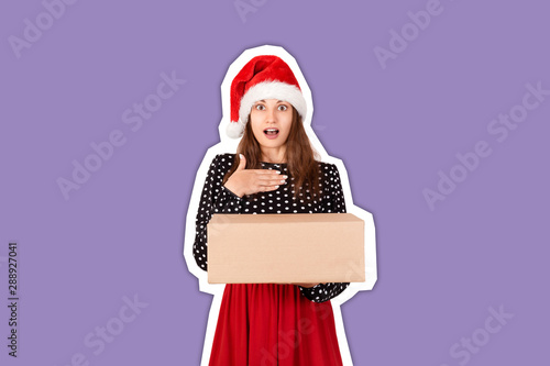 shocked excited girl standing and holding big gift carton box. Magazine collage style with trendy color background. holidays concept