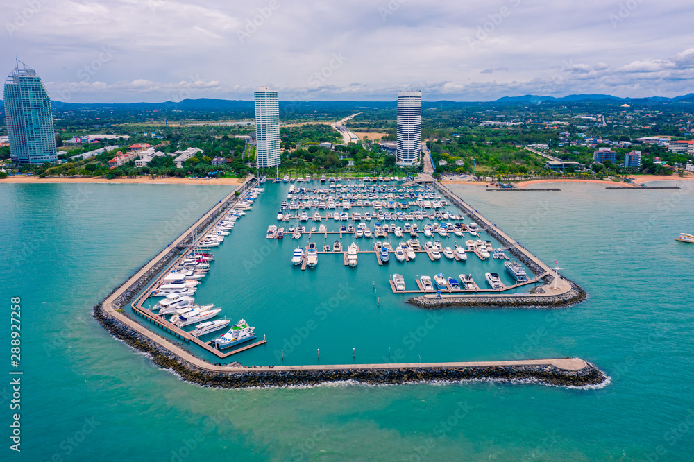 Aerial view of Harbor ocean marina yachts club in Pattaya city of Thailand