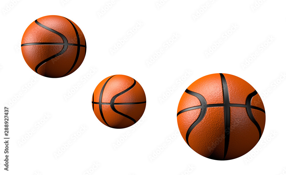 three basketballs isolated on white background 3D render, 3D illustration.
