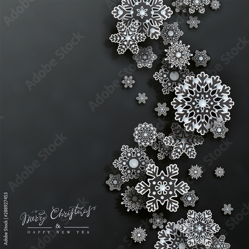 Christmas and New Year design with 3d transparent white snowflakes and space for text on black background. Elegant card in papercut style. Vector illustration